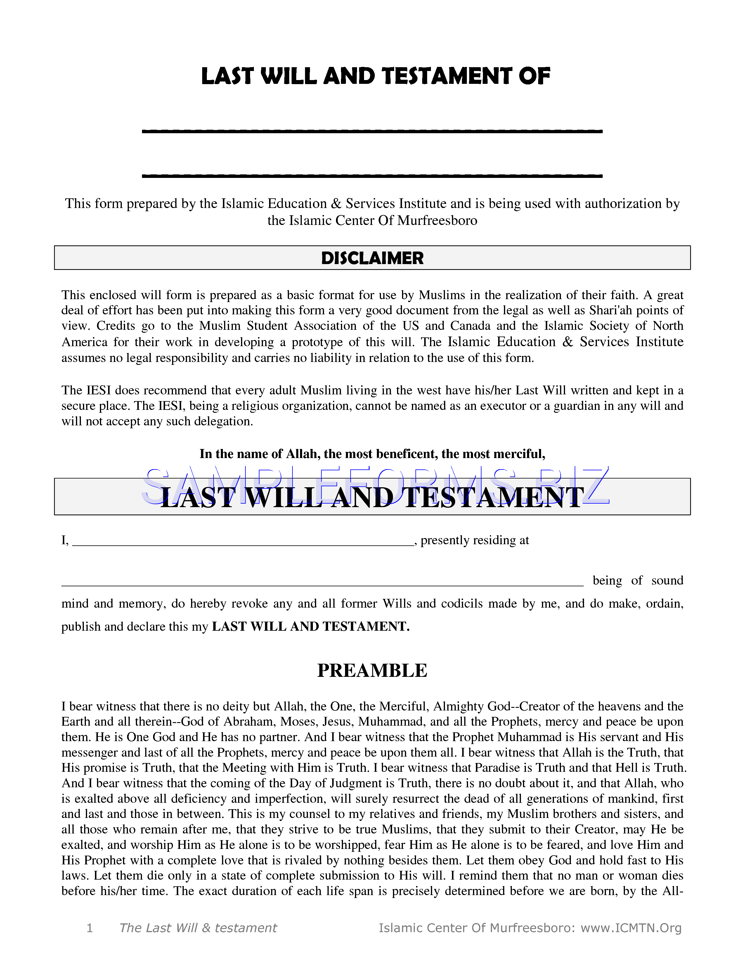 Preview free downloadable Tennessee Last Will And Testament Form in PDF (page 1)